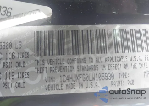 2020 Jeep Wrangler Unlimited Rubicon 4X4 z USA, uszkodzony, nr VIN 1C4HJXFG0LW105930